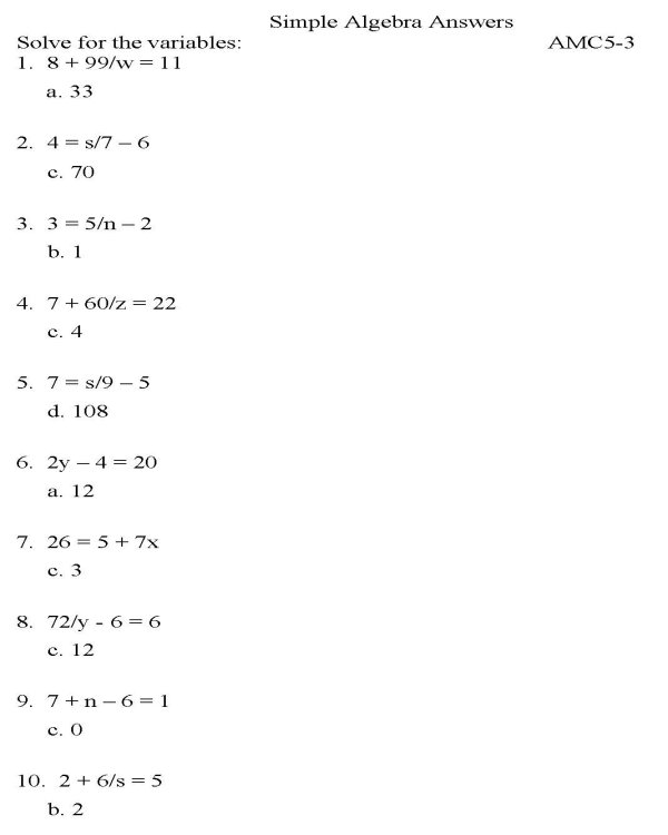 Printable algebra worksheet - math skills practice sheet
