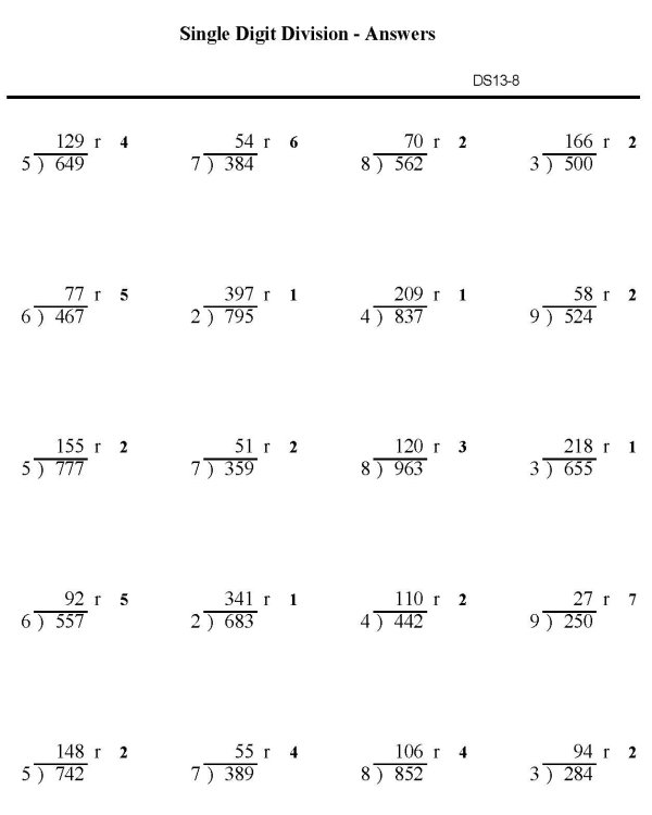 Printable division sheet with remainder - math skills practice sheet