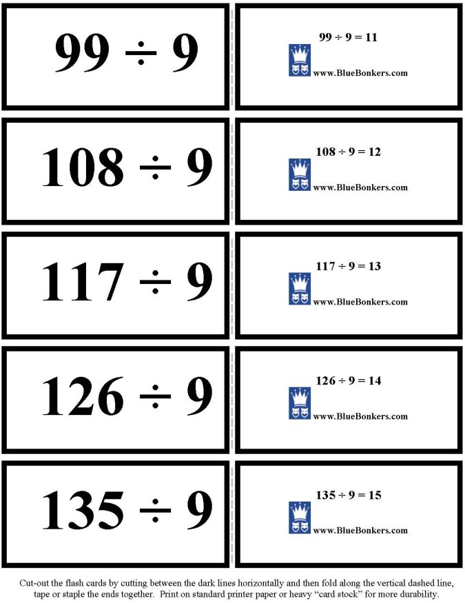 Printable Division flash cards - math skills practice sheet
