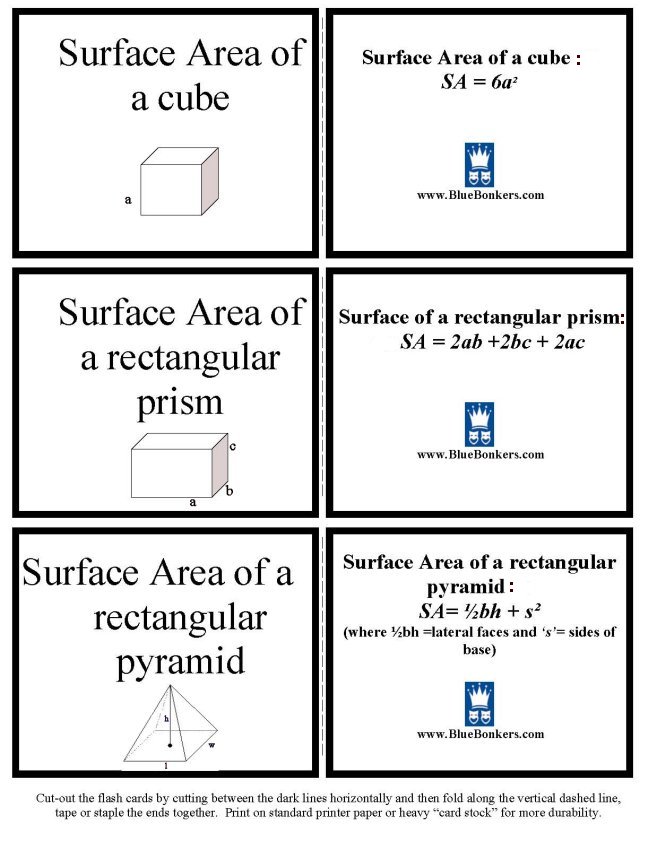 Printable geometry formula flash cards - math skills practice sheet