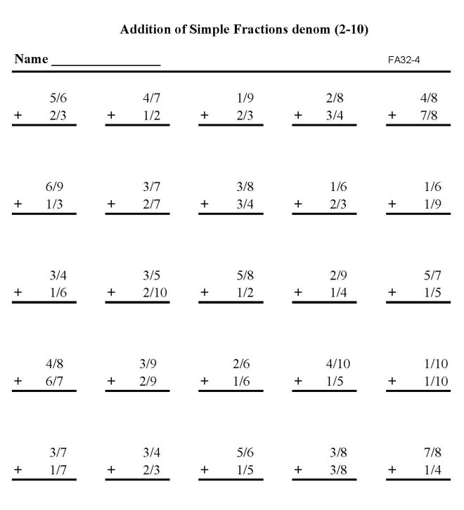 Printable addition of fractions, pratice sheet