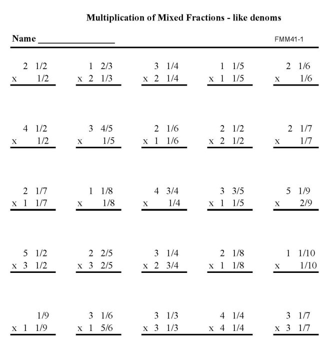 Printable fractions multiplicaton work sheet - math skills student practice sheet