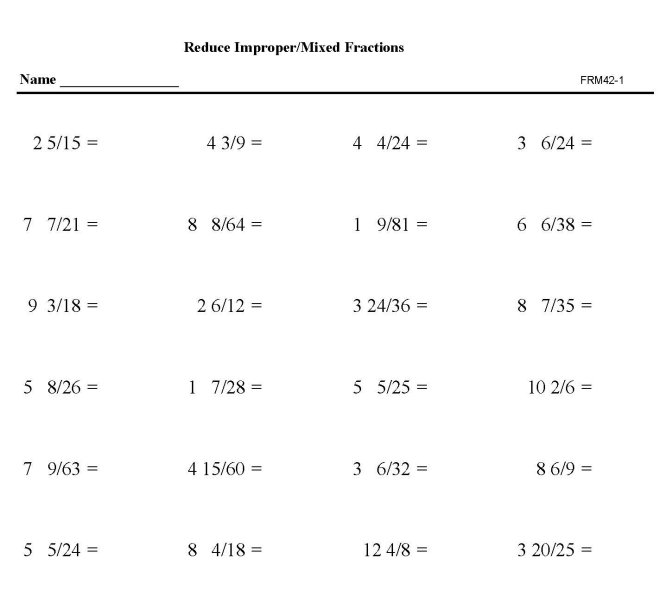 Printable reduction of fractions, pratice sheet