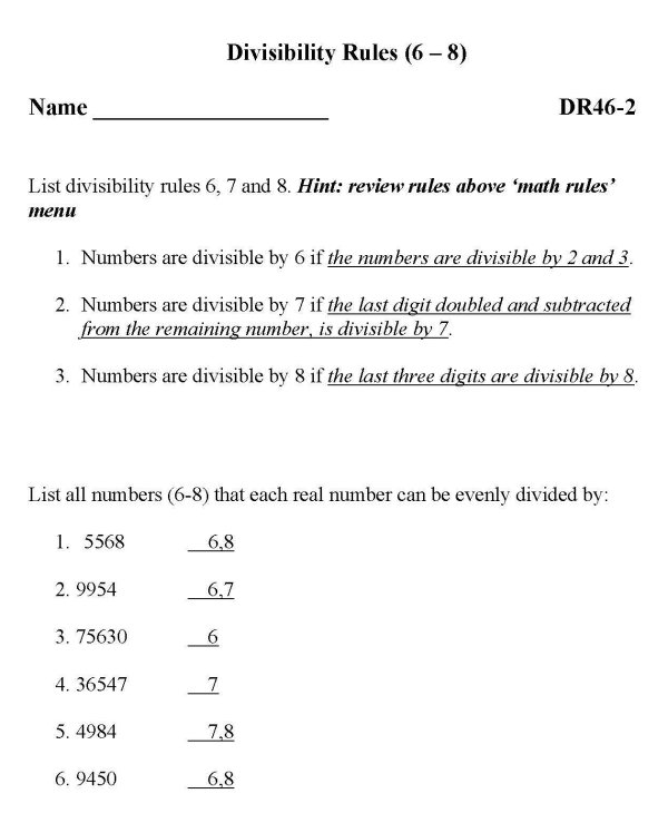 Printable Divisibility Rules sheet - math skills practice sheet
