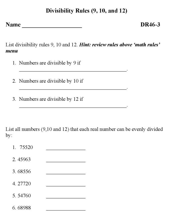 Printable divisibility rules sheet - math skills practice sheet