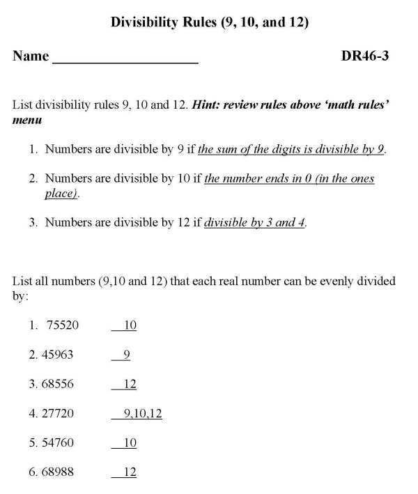 Printable Divisibility Rules sheet - math skills practice sheet