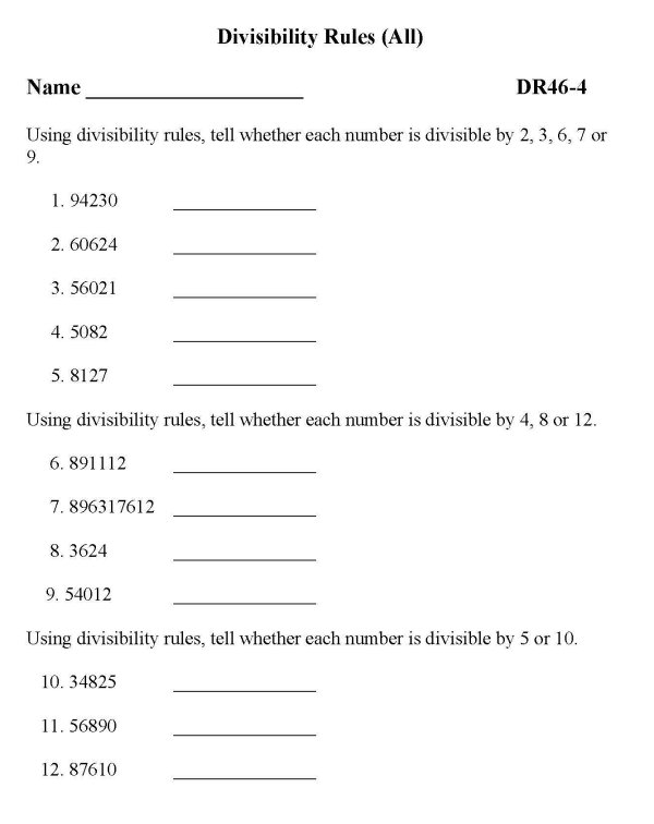 Printable divisibility rules sheet - math skills practice sheet