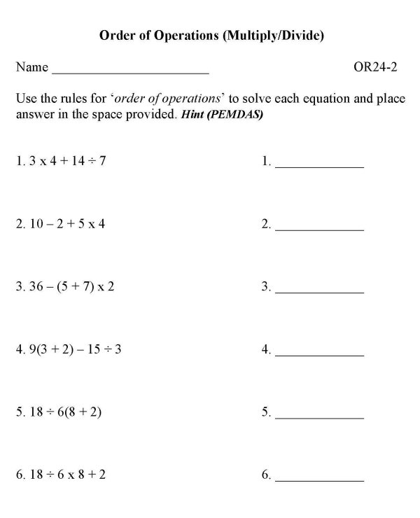 Printable order of operations sheet - math skills practice sheet