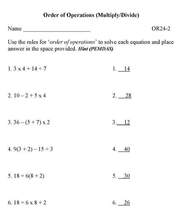 Printable Order of Operations sheet - math skills practice sheet