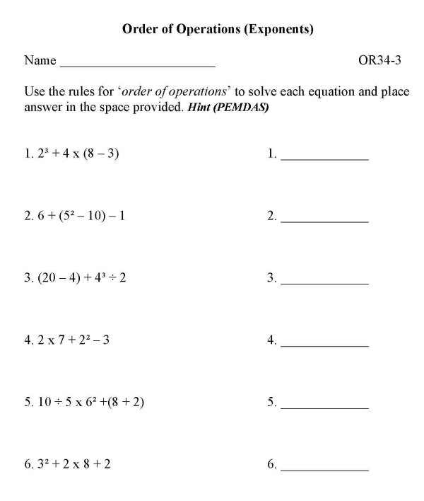 Printable order of operations sheet - math skills practice sheet
