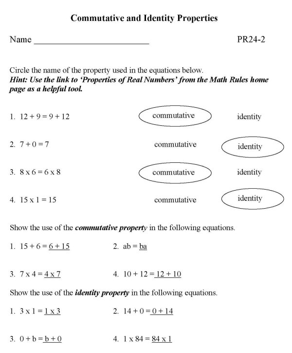Printable Properties of Real Numbers sheet - math skills practice sheet