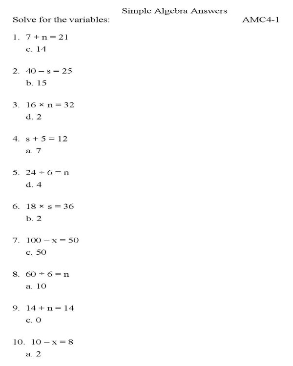 Printable algebra worksheet - math skills practice sheet