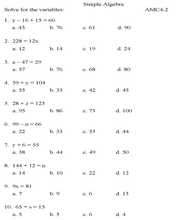 Printable algebra worksheet - math skills practice sheet