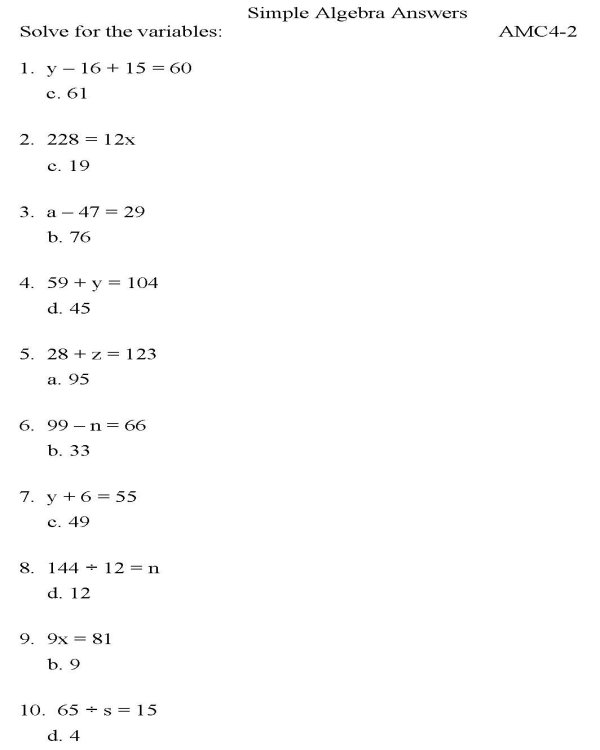 Printable algebra worksheet - math skills practice sheet