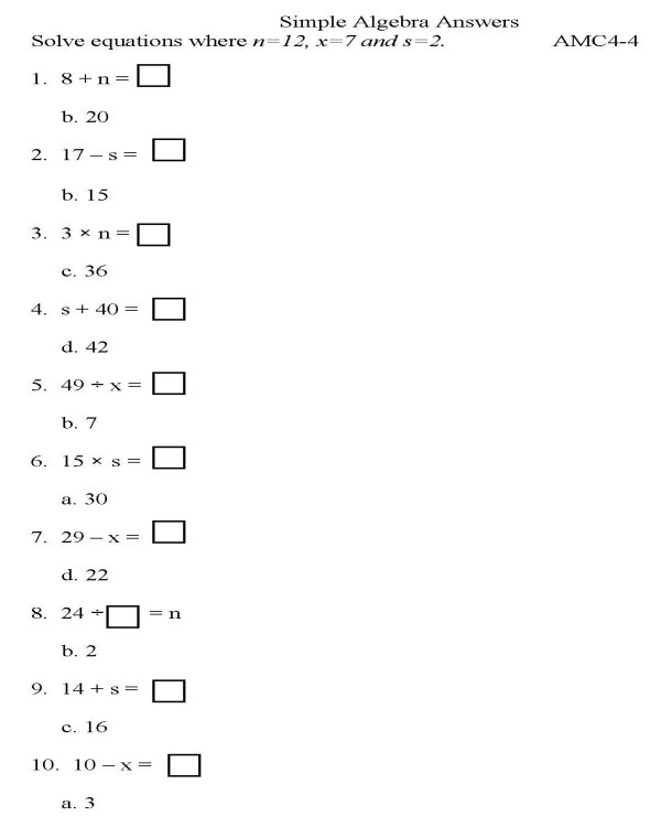 Printable algebra worksheet - math skills practice sheet