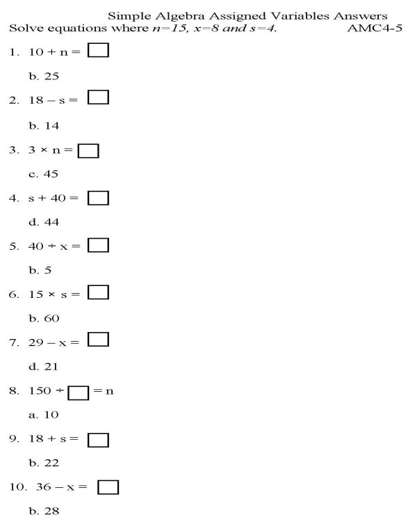 Printable algebra worksheet - math skills practice sheet