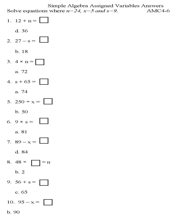 Printable algebra worksheet - math skills practice sheet