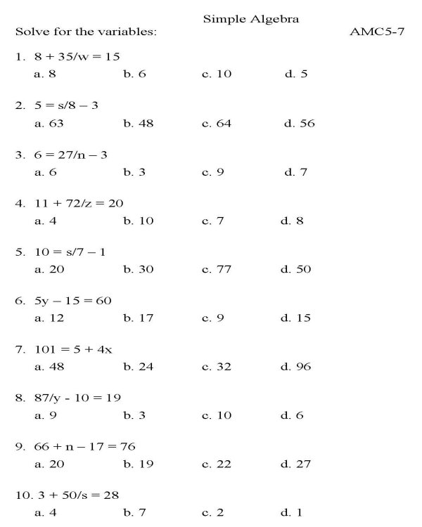 Printable algebra worksheet - math skills practice sheet