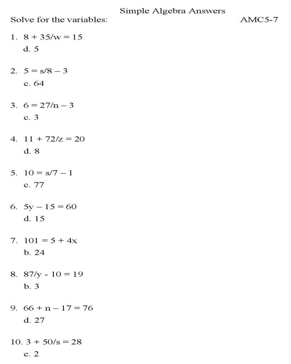 Printable algebra worksheet - math skills practice sheet