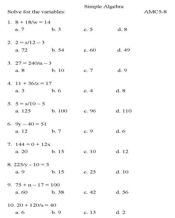 Printable algebra worksheet - math skills practice sheet