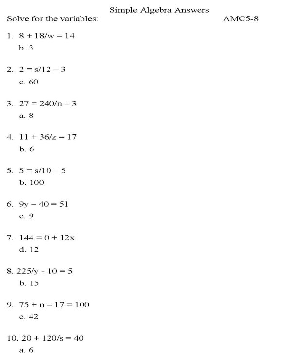 Printable algebra worksheet - math skills practice sheet
