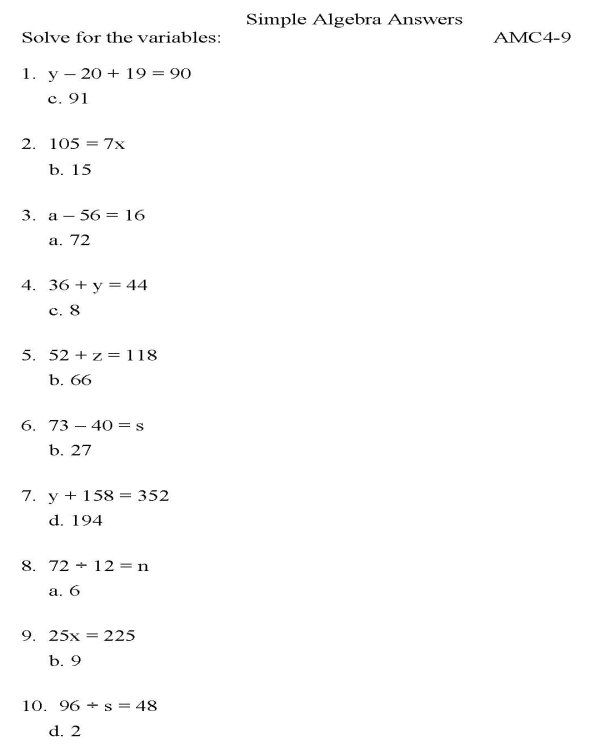 Printable algebra worksheet - math skills practice sheet