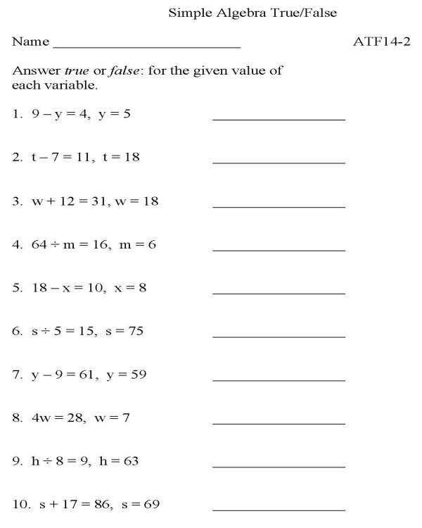 Printable algebra worksheet - math skills practice sheet