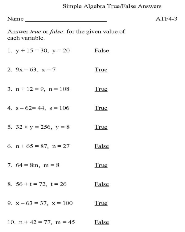 Printable algebra worksheet - math skills practice sheet