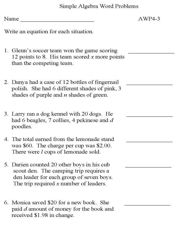 Printable algebra worksheet - math skills practice sheet