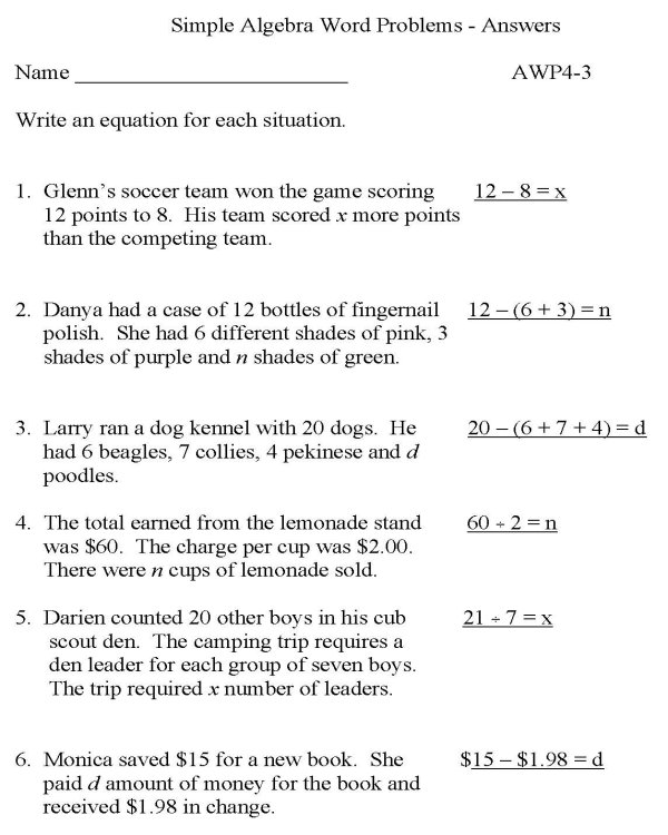 Printable algebra worksheet - math skills practice sheet