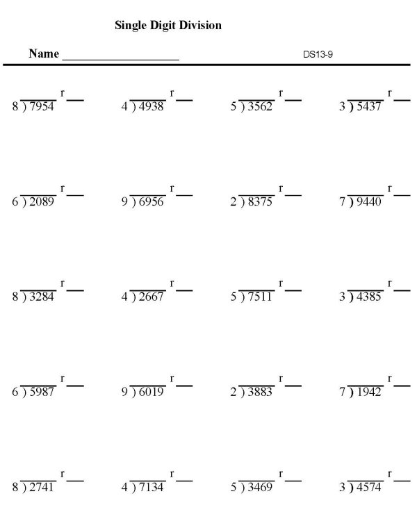 Printable division sheet with remainder - math skills practice sheet