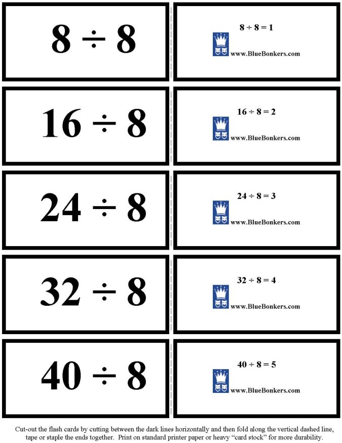 Printable Division flash cards - math skills practice sheet