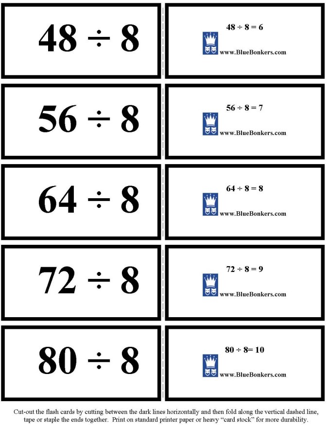 Printable Division flash cards - math skills practice sheet