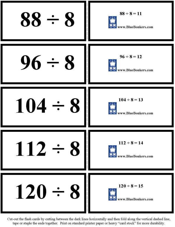 Printable Division flash cards - math skills practice sheet