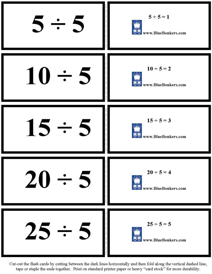 Printable Division flash cards - math skills practice sheet