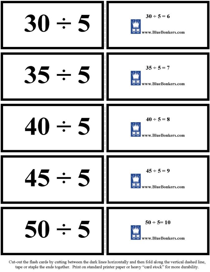 Printable Division flash cards - math skills practice sheet