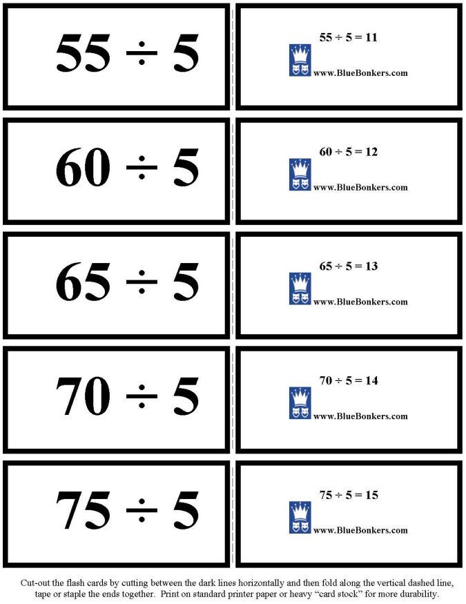 Printable Division flash cards - math skills practice sheet