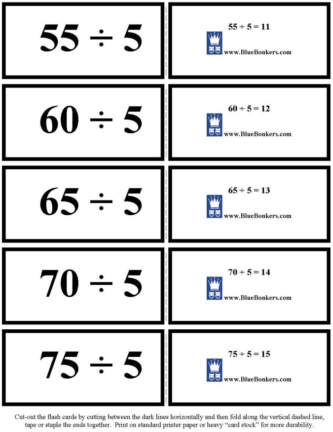 Printable Division flash cards - math skills practice sheet