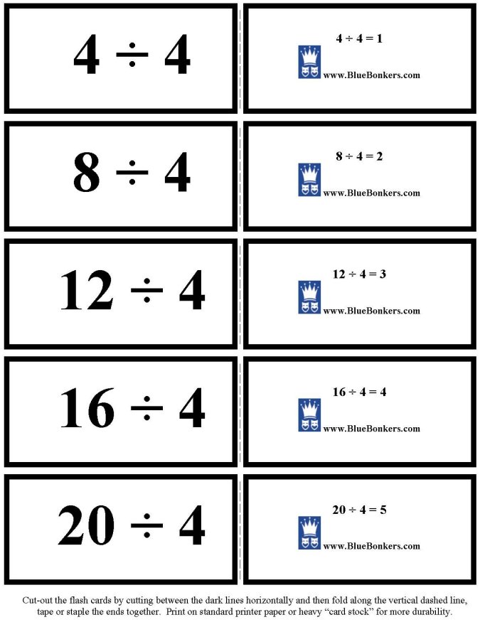 Printable Division flash cards - math skills practice sheet