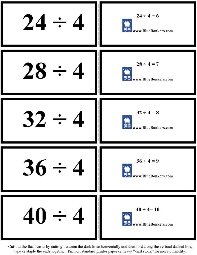 Printable Division flash cards - math skills practice sheet