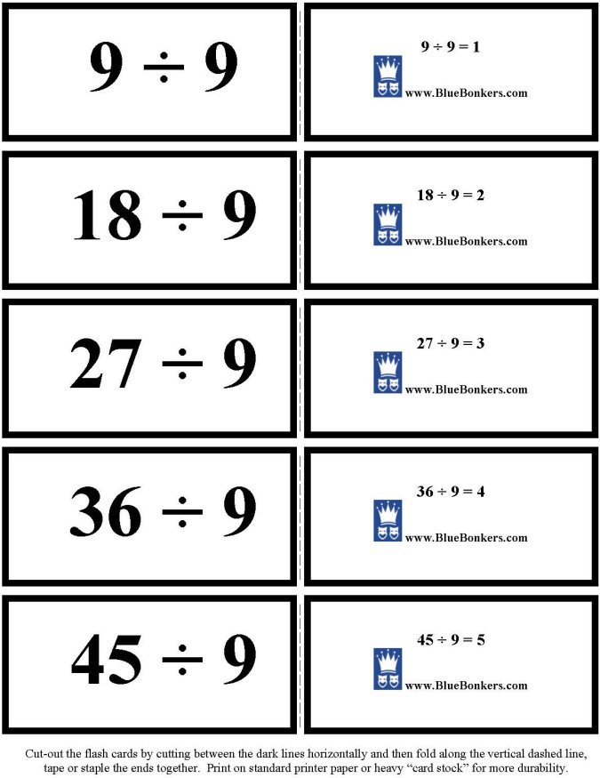 Printable Division flash cards - math skills practice sheet