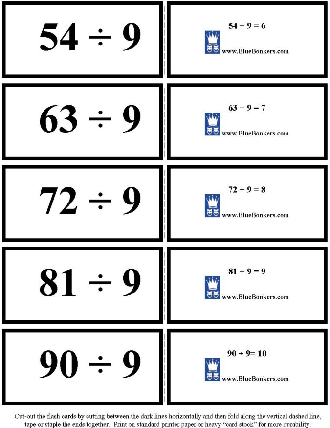 Printable Division flash cards - math skills practice sheet