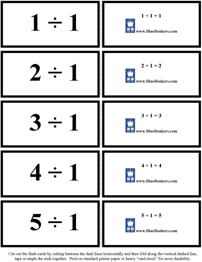 Printable Division flash cards - math skills practice sheet