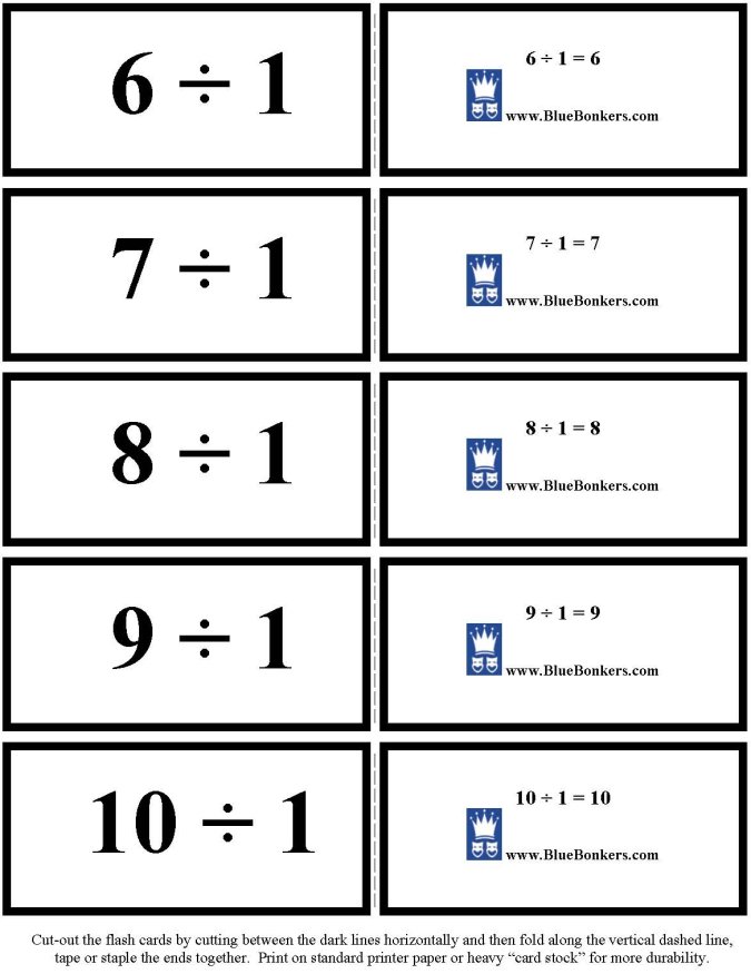 Printable Division flash cards - math skills practice sheet