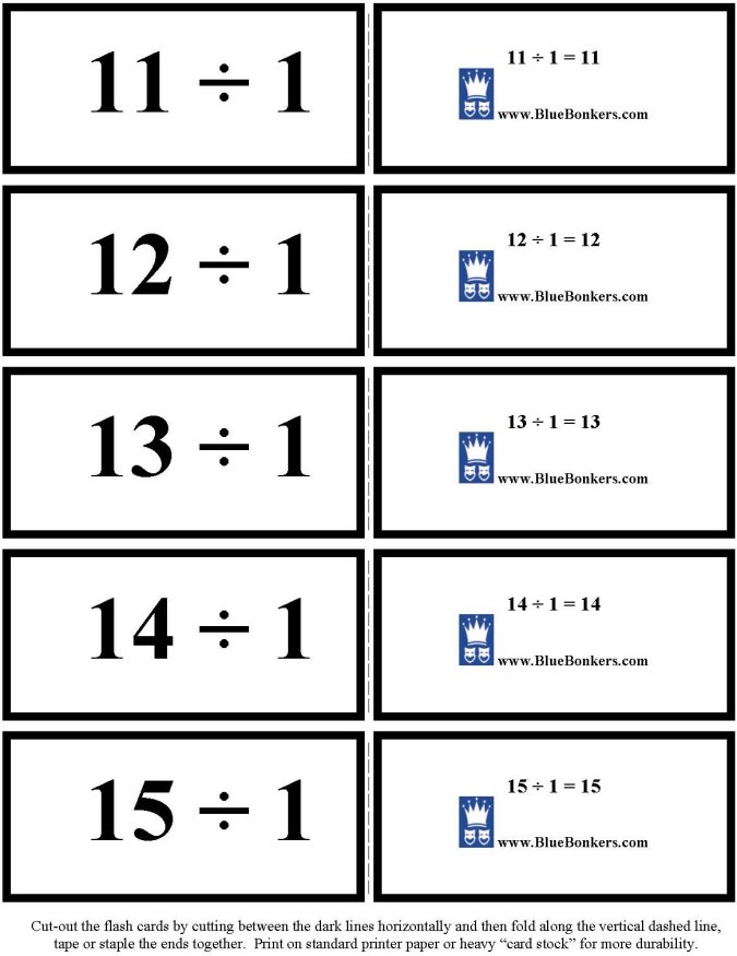 Printable Division flash cards - math skills practice sheet