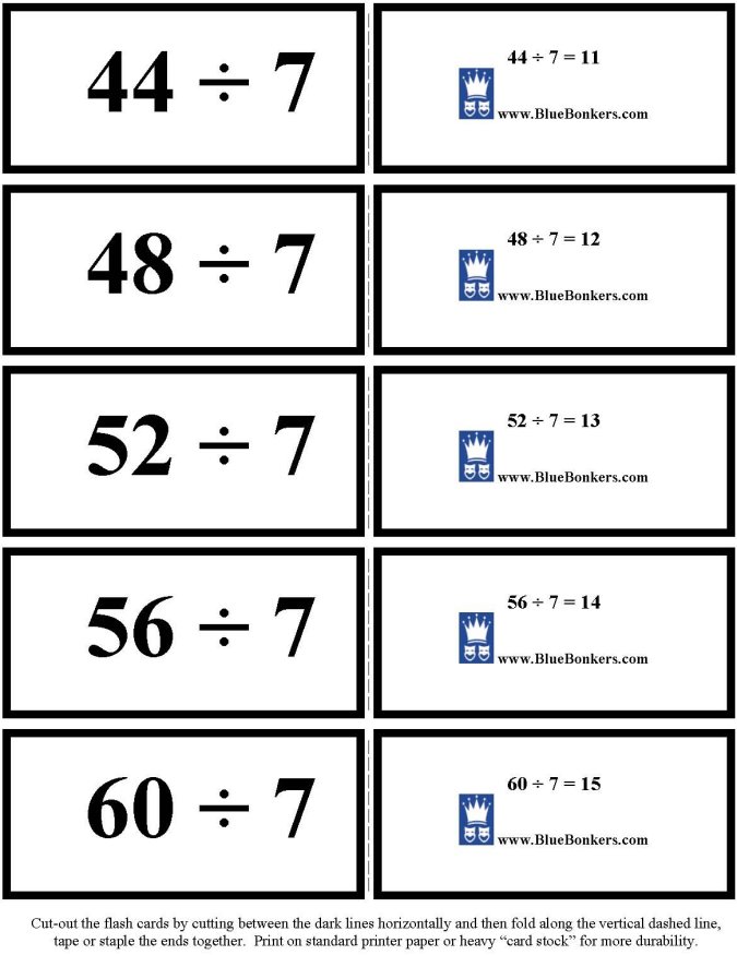 Printable Division flash cards - math skills practice sheet