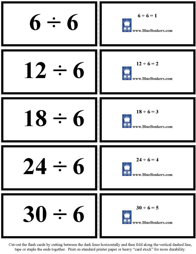 Printable Division flash cards - math skills practice sheet