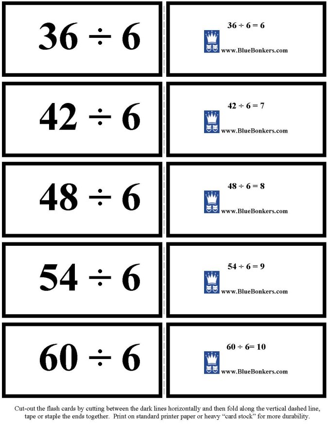 Printable Division flash cards - math skills practice sheet