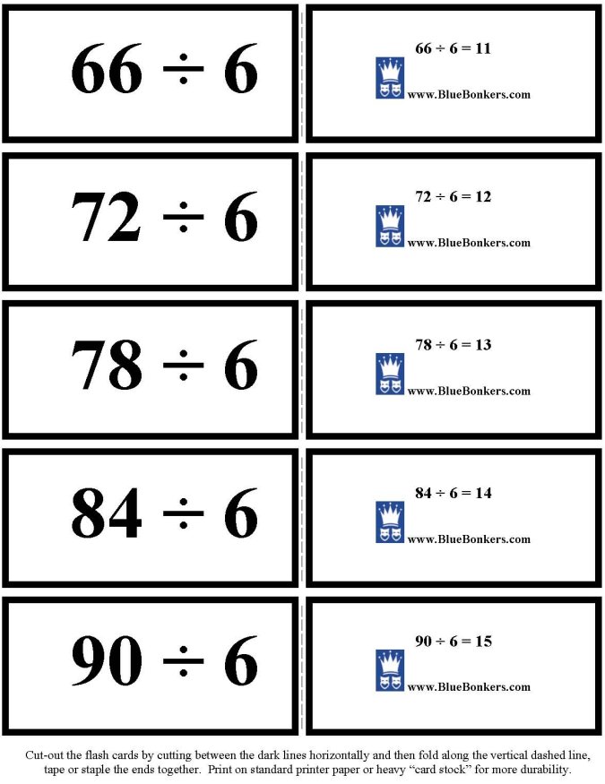 Printable Division flash cards - math skills practice sheet