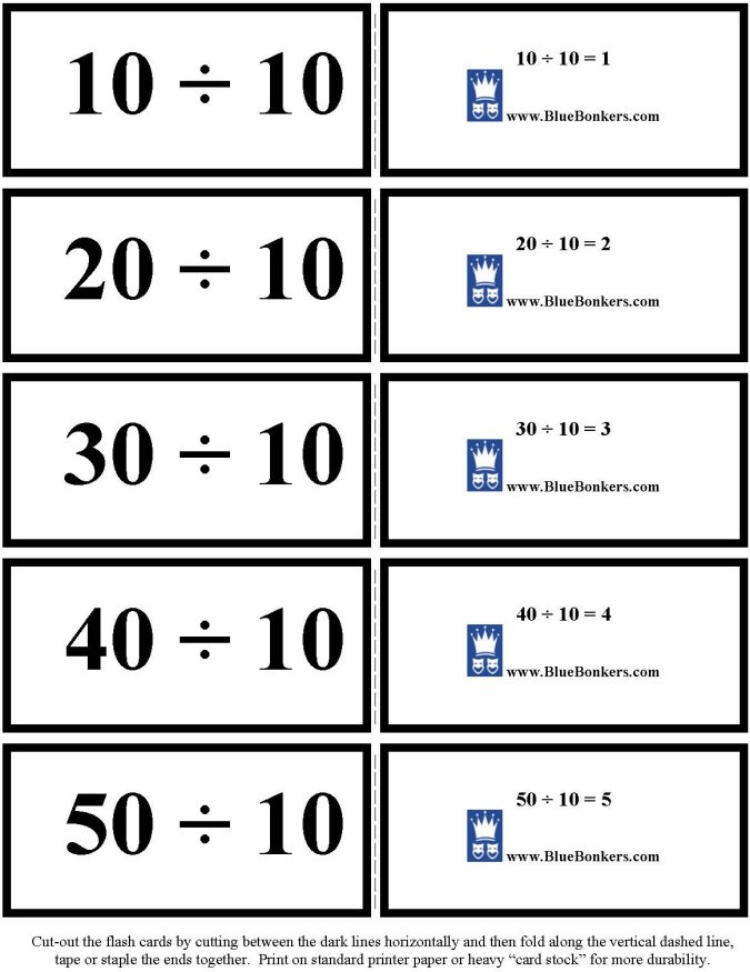 Printable Division flash cards - math skills practice sheet